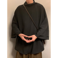 山本暗黑系痞帥冰絲T恤男短袖潮牌小高領設計感半袖假兩件七分袖T