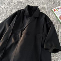 新中式男裝襯衫高級垂感冰絲短袖外套潮牌五分袖襯衫寬鬆漢服道袍