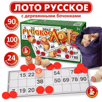 Настольная игра Русское лото классическое с деревянными бочонками в зелёной картонной коробке Десятое королевство