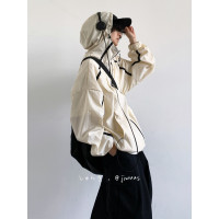 Jiwuuss 夏日系復古米白防曬服男女學生戶外登山輕薄涼感寬鬆外套