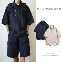 夏季新款短袖polo衫男寬鬆薄款速乾大口袋日系復古休閒百搭五分袖