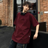 暗紅色400g重磅純棉7分袖T恤男夏季酒紅色基礎款短袖情侶七分半袖