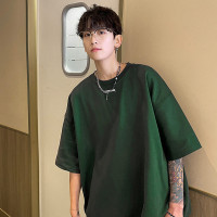 墨綠色300克純棉重磅高克重T恤男美式復古oversize短袖情侶七分袖