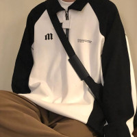 春秋新款POLO長袖厚棉T男oversize寬鬆美式復古學院半拉鍊撞色上衣