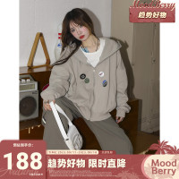 MoodBerry 美式街頭拉鍊連帽開衫衛衣女春秋寬鬆百搭休閒灰色外套