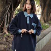 LIFEASAM 日系復古拼接口袋華夫格POLO長袖男女簡約寬鬆翻領衛衣