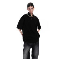 ESAT 23SS雙領撞色一粒扣寬鬆百搭黑色短袖POLO衫