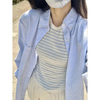 藍色條紋防曬襯衫女夏季薄款設計感小眾上衣2023新款開衫襯衫外套