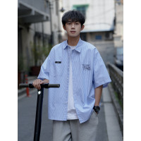藍白條紋短袖襯衫男夏季薄款疊穿刺繡襯衫外套cityboy少年感上衣