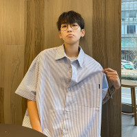 日系cityboy廓形藍色條紋襯衫夏青少年工裝襯衣oversize寬鬆外套