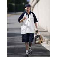 Bellken早起工作室 純棉插肩袖拼接色Polo衫短袖T恤男女休閒潮流