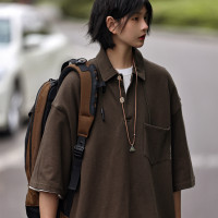 Nobodyknows夏季美式復古翻領簡約polo衫休閒寬鬆純色刺繡短袖T恤