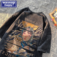 wassup happy美式高街潮牌短袖t恤男夏季復古潮休閒做舊半袖T恤