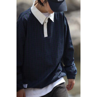 Nobodyknows 日系簡約格子紋翻領撞色寬鬆廓形休閒男女長袖POLO衫