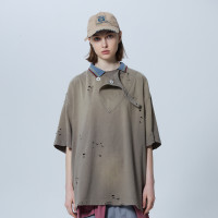 A SQUARE ROOT 復古不對稱POLO衫領休閒刺繡寬鬆男女破洞短袖T恤