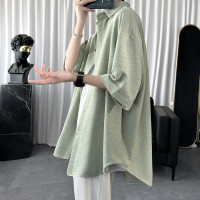 薄荷綠七分袖短袖襯衫夏季冷淡風男裝高級感褶皺冰絲襯衫半袖外套