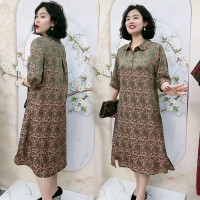 中老年氣質真絲夏季高端洋裝翻領浮雕暗紋花七分袖大尺碼200斤裙