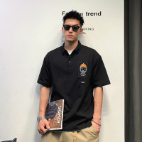 徐太浪夏季翻領短袖polo衫男美式潮牌休閒卡通印花純色寬鬆五分袖