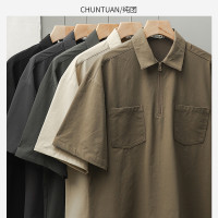 純團日系冰絲山系工裝POLO衫男短袖夏季速乾透氣襯衫領半拉鍊T恤