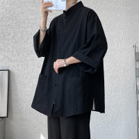 新中式國風盤扣詰襟短袖襯衫夏季高級感設計唐裝復古中山裝七分袖