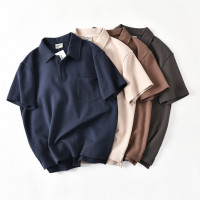 外貿原單尾貨剪標INS珠地棉寬鬆廓形口袋翻領短袖T恤休閒POLO衫男