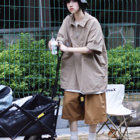 夏季日系復古POLO衫男女潮牌寬鬆休閒情侶純色半拉鍊翻領工裝上衣