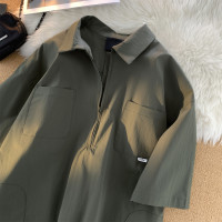 日系半拉鍊polo衫男夏季潮牌翻領短袖t恤ins潮流簡約寬鬆百搭襯衫