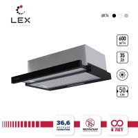 Вытяжка кухонная 50 см встраиваемая LEX HONVER 500 BLACK , черная, клавишное управление, LED лампы, отделка - окрашенная сталь.