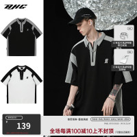 BJHG夏季休閒POLO衫短袖T恤2023新款男 美式街頭潮牌拼接情侶半袖