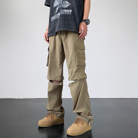 可拆卸褲腳大口袋工裝褲卡其色古著vintage速乾軟殼尼龍褲子直筒