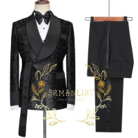 2023 блестящий черный смокинг для жениха, двубортный мужской костюм для выпускного вечера, свадьбы, вечеринки, мужские костюмы, костюм (пиджак + брюки + ремень)