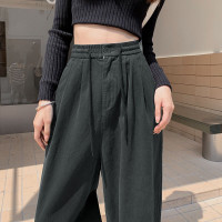 墨綠色工裝褲女春款抽繩高腰寬鬆休閒哈倫西裝褲小個子九分老爹褲