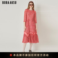 BORAAKSU2023夏季新品泡泡袖珊瑚紅水彩手繪印花洋裝B1DFW61730