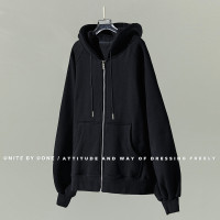 2023秋冬加絨連帽灰色開衫拉鍊衛衣女外套oversize寬鬆慵懶風上衣