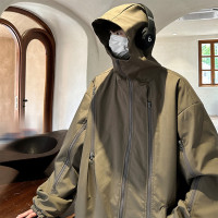 歐美高街hiphop外套潮牌高級感戶外機能衝鋒衣男軍綠色連帽夾克衫