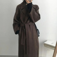 Женское шерстяное пальто с поясом, коричневое длинное винтажное пальто с отложным воротником, Осень-зима