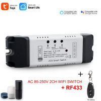 Tuya Smart WIFI 2CH Модуль переключателя для освещения Гаражные ворота, DC 5V 12V 24V 32V 220V, 2-канальный RF 433Mhz реле дистанционного управления