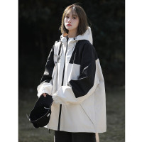 黑白拼接美式機能衝鋒衣三合一戶外情侶外套潮牌短版風衣工裝夾克