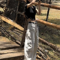 2023新款美式復古顯瘦沙白色直筒工裝褲女高腰寬鬆休閒闊腿拖地褲