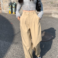 夏季卡其色工裝高腰闊腿西裝褲女垂感顯瘦休閒直筒褲薄款寬鬆長褲