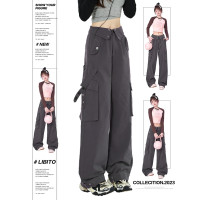 Libito秋季美式高腰工裝褲女辣妹休閒寬褲2023新款灰色褲子夏天
