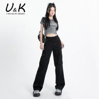 黑色冰絲速乾工裝褲女夏季薄款美式高腰顯瘦垂感闊腿休閒運動褲子