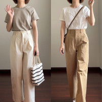 卡其色休閒西裝褲女夏季2023年新款高級感小個子窄版直筒寬褲子