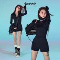 野生zerocircle黑色連身短褲女秋高級感辣妹修身顯瘦高領長袖上衣