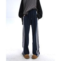 賽小懶條紋直筒垂感運動休閒褲女春高腰顯瘦寬鬆拖地闊腿褲子長褲