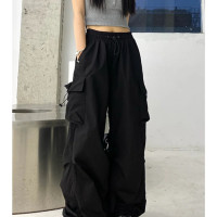 美式復古黑色闊腿工裝褲女大尺碼胖mm高腰寬鬆直筒抽繩束腳休閒褲子