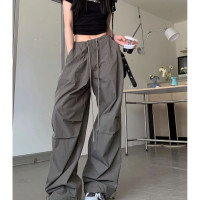 美式復古工裝褲女夏季薄款抽繩降落傘褲寬鬆垂感顯瘦hiphop拖地褲