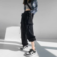 美式黑色工裝褲女小個子2023春秋新款高腰寬鬆束腳直筒休閒寬褲