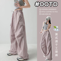 灰粉色工裝褲女夏季薄款小個子高腰寬褲休閒辣妹速乾美式運動褲