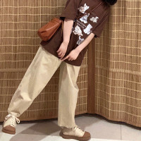 卡其色褲子女春秋季2023新款日系闊腿褲小個子休閒寬鬆直筒工裝褲
